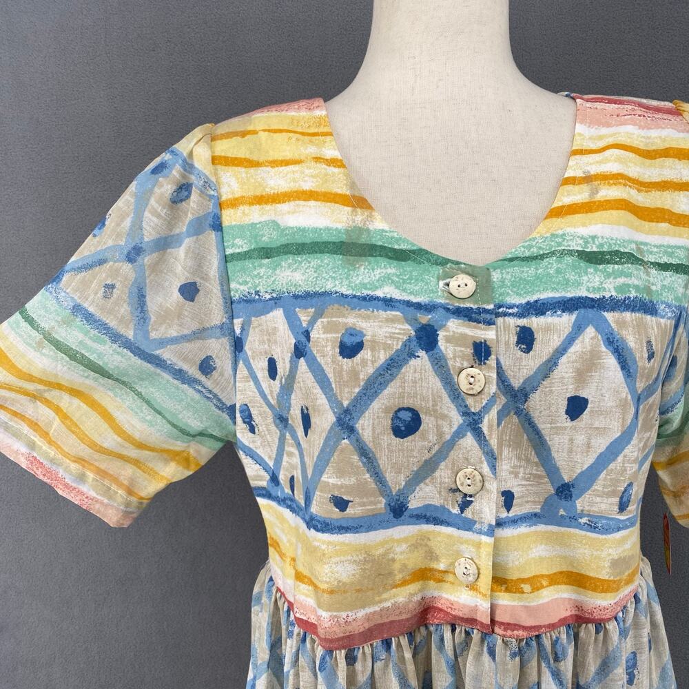 Vtg NOS 90s Two Potato Artsy Watercolor A Line Midi Dress M Petite Sheer Pastel - Picture 5 of 16